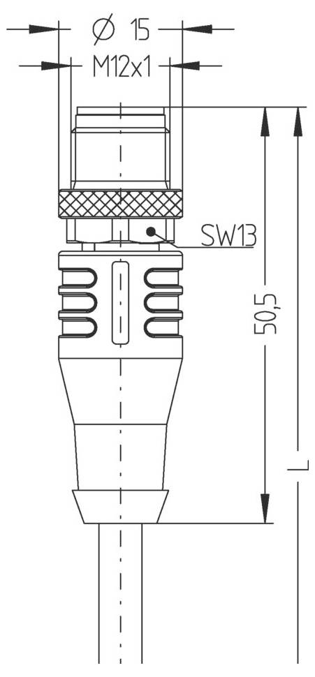 A technical drawing of a cylindrical connector. Key dimensions: outer diameter 15mm, length 50.5mm, thread M12x1, wrench size SW13.