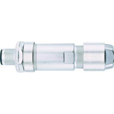 A silver, metallic industrial connector with threaded ends, designed for secure attachment in machinery or electronic equipment.