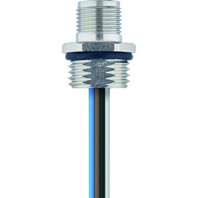 A close-up of a threaded metal sensor with blue, black, and brown wires extending from the bottom.