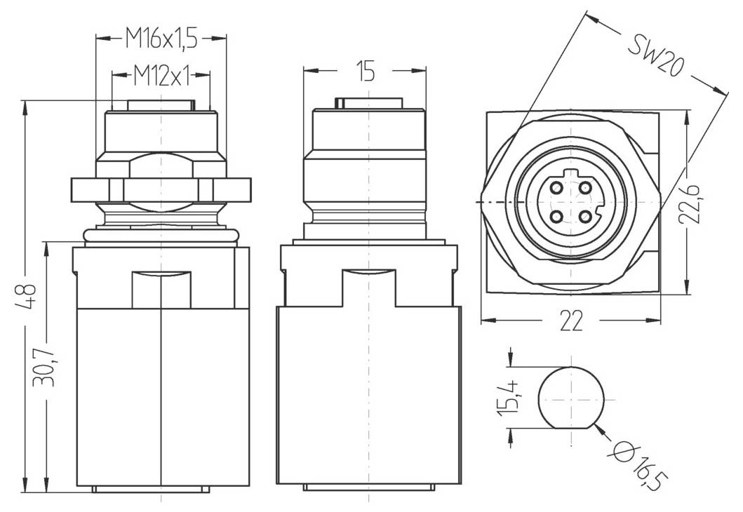 Technical drawing of a sensor connector, showing three views with dimensions. Includes M12x1 and M16x15 threads, with a hexagonal nut labeled SW20.