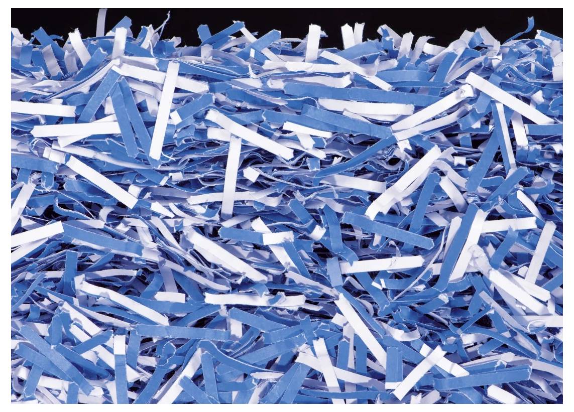 A dense pile of shredded paper strips in blue and white, layered to create a textured and chaotic appearance.