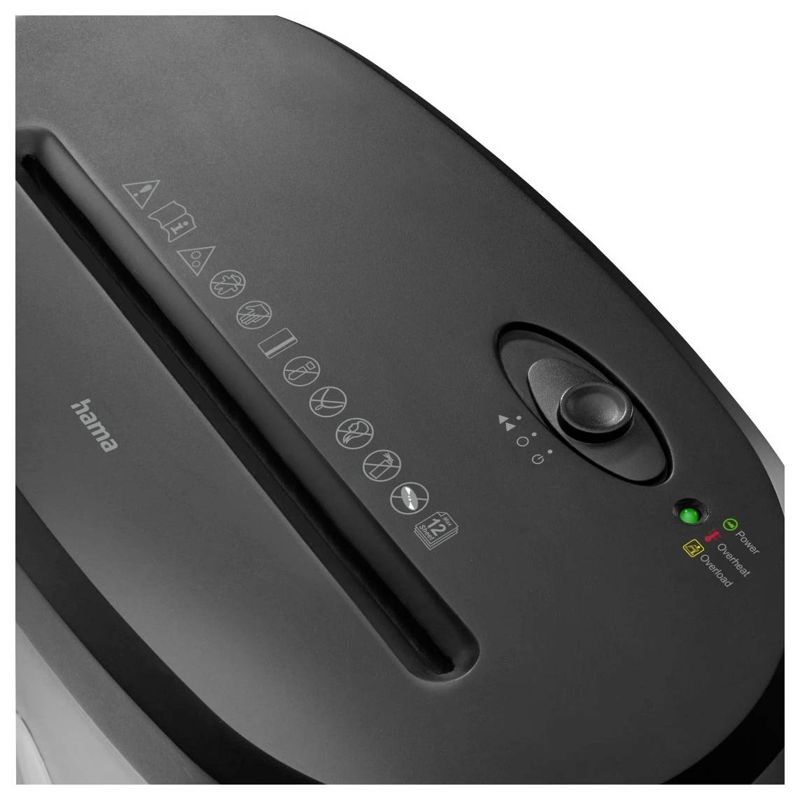 'Top view of a black paper shredder with control buttons, an indicator light panel, and safety symbols depicted on the surface.'