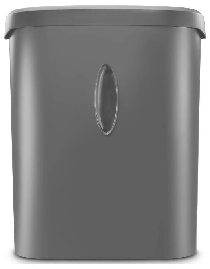 A gray, rectangular trash can with a curved lid and an oval indentation on the front.