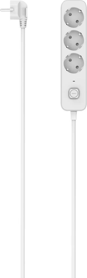 A white power strip with three European-style sockets and a power switch. It is connected to a white power cord with a plug.