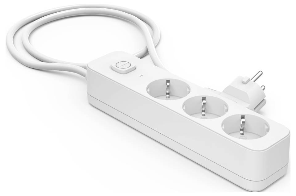 A white power strip with three sockets and an attached plug. The strip includes an on/off switch and a coiled cable.