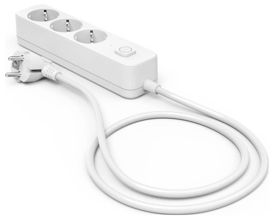 A white power strip with three outlets and a switch, connected to a long electrical cord with a plug at the end.