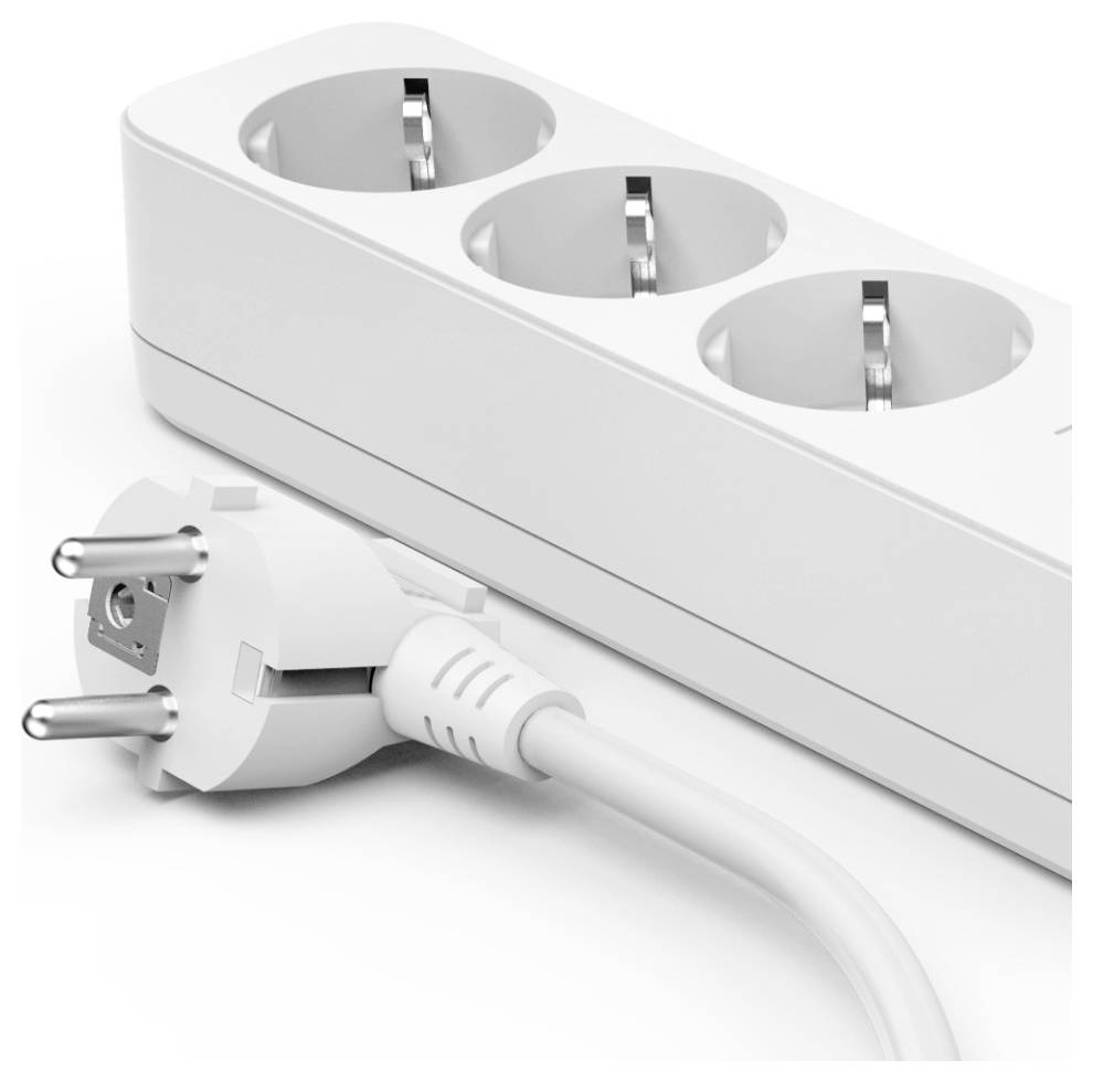 A white power strip with three outlets is shown alongside a plug with a white cable, positioned to be plugged in.