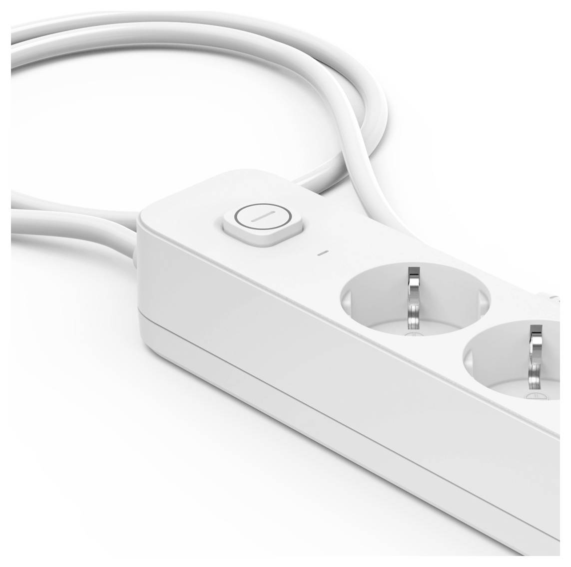 A white power strip with two sockets and a power switch on a coiled cord.