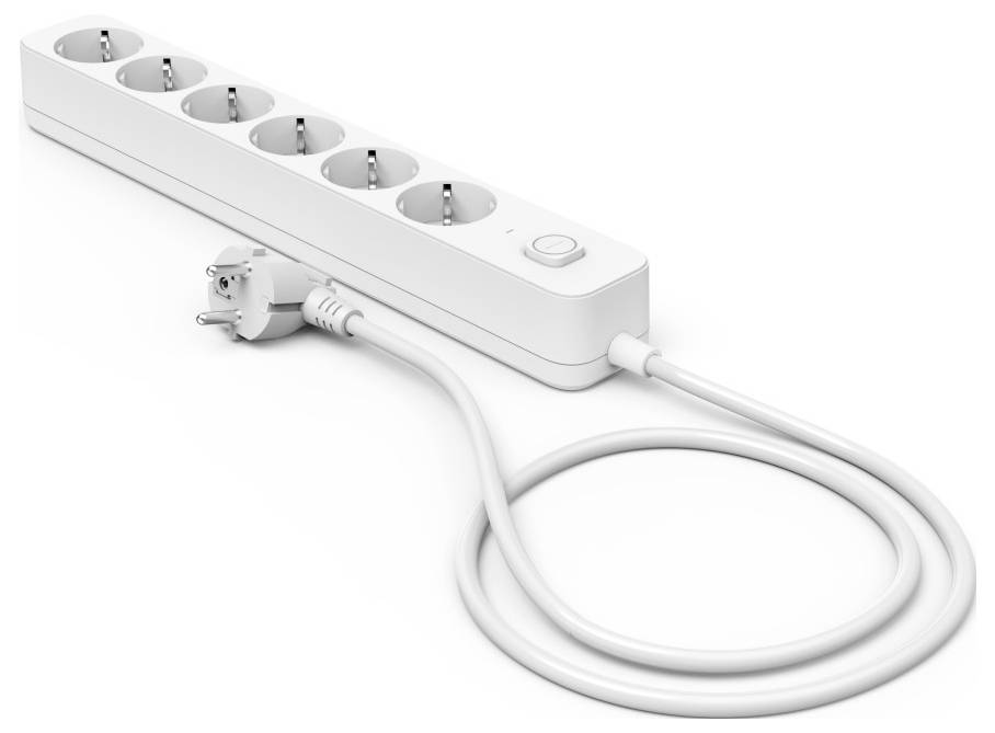 A white power strip with five outlets and an attached plug, coiled cable.