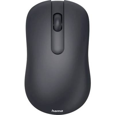 A sleek, black wireless computer mouse with a central scroll wheel and the brand name 'Hama' at the bottom.