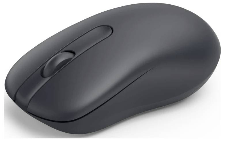 A black wireless computer mouse with a sleek design, featuring a scroll wheel and two buttons.