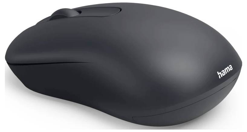 A sleek, black wireless mouse with a scroll wheel and the brand name 'hama' on the side, designed for comfortable use with computers.