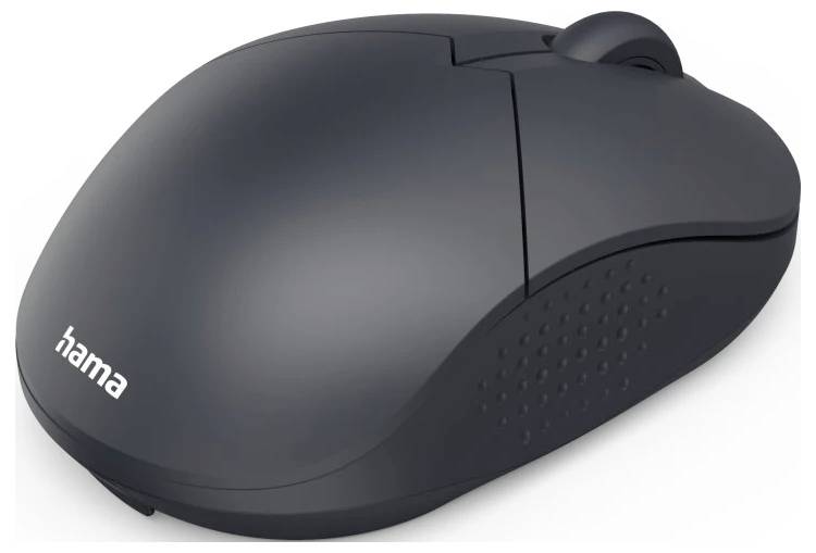 A black wireless computer mouse with a scroll wheel and a brand logo on the left side.