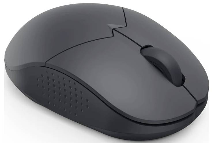 A black wireless computer mouse with a sleek design and a scroll wheel, resting on a white background.