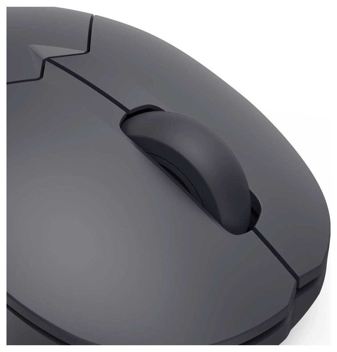 A close-up of a black computer mouse, focusing on the scroll wheel and left click button.