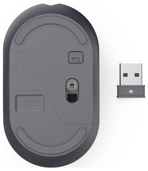 The underside of a wireless computer mouse showing the power switch and sensor, next to a USB receiver.