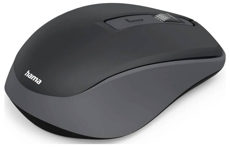 A black wireless computer mouse with a small button and scroll wheel on top, featuring the brand name 'Hama' on the side.