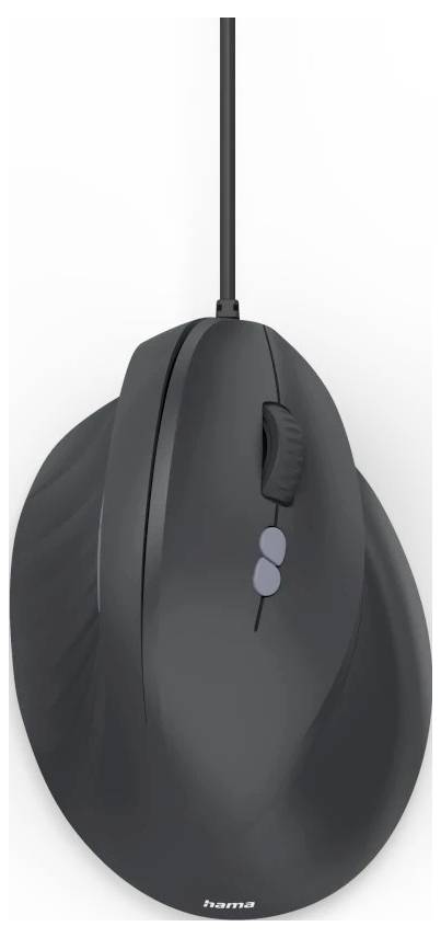 A black ergonomic computer mouse with a vertical design, featuring two buttons and a scroll wheel on the side for comfortable hand positioning.