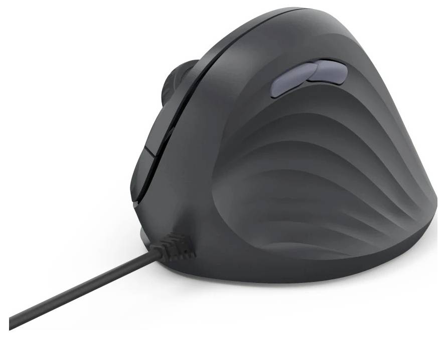 A black ergonomic vertical computer mouse with sculpted grooves and a wired connection, designed to reduce wrist strain.