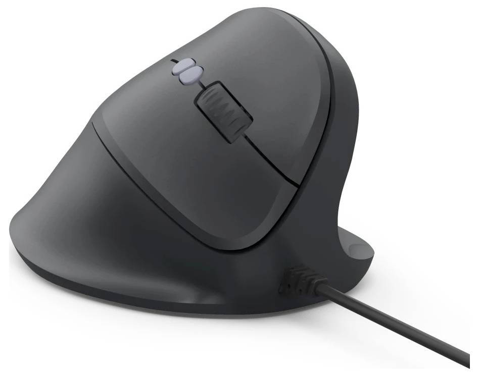Ergonomic vertical computer mouse, black, with a contoured design and a wire connection, designed for reducing wrist strain.