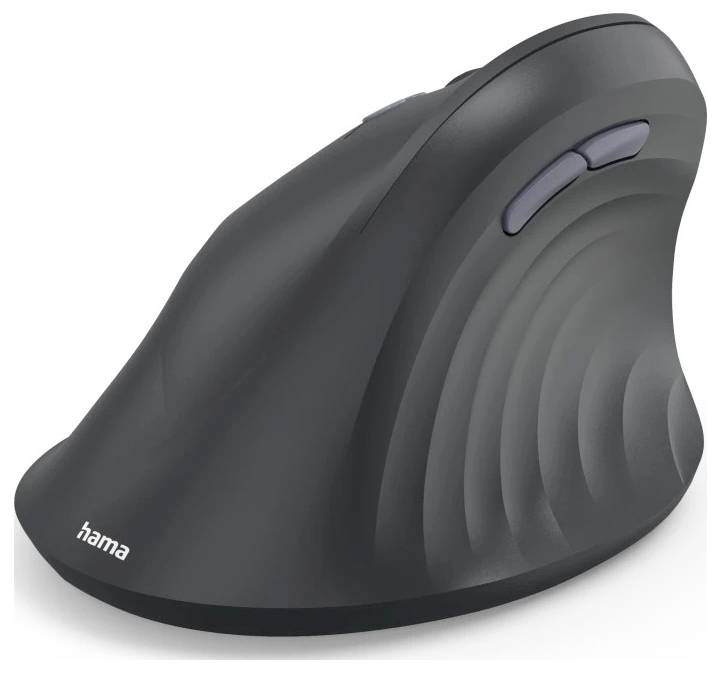 Ergonomic black vertical computer mouse with a textured grip and two side buttons, designed to reduce wrist strain.