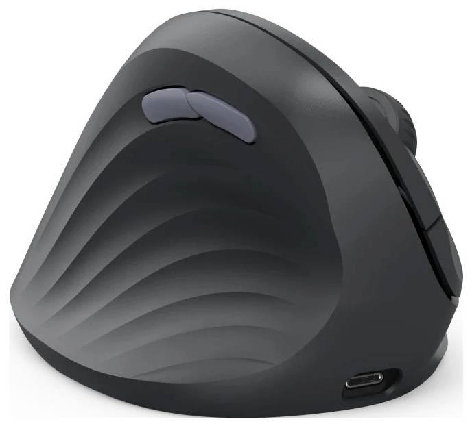 An ergonomic vertical mouse with a textured surface and a button; side view showing its comfortable grip design and charging port.
