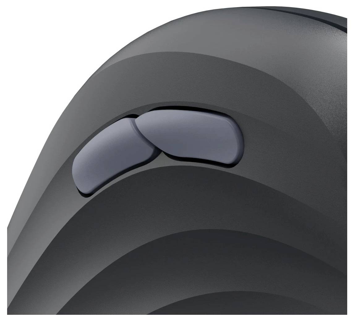Close-up of a black computer mouse showing two side buttons on a curved surface.