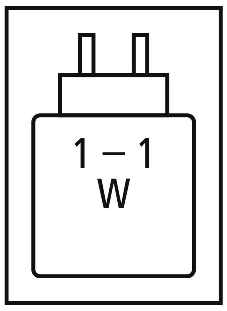 '1-1 W' on a simplified illustration of a two-prong electrical plug inside a rectangle.