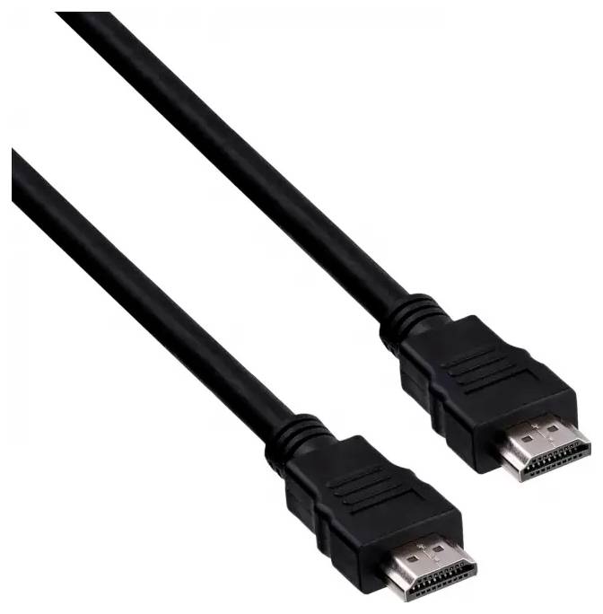 A black HDMI cable with connectors at both ends, used for transmitting audio and video signals between devices like TVs and computers.
