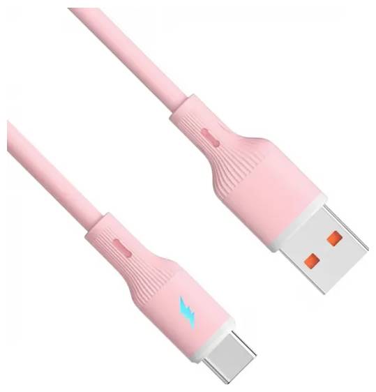Pink USB cable with USB-C and standard USB connectors, features a blue lightning bolt symbol on the USB-C end.