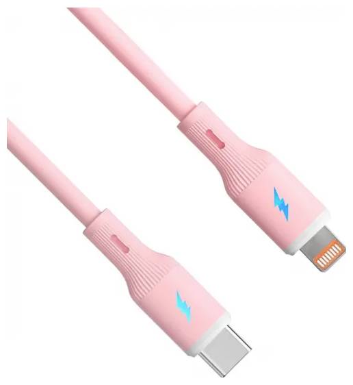 Pink USB-C to lightning cable with a blue lightning bolt symbol on each connector.