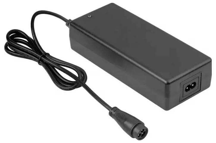 A black AC power adapter with a cord and plug, designed for electronic devices.