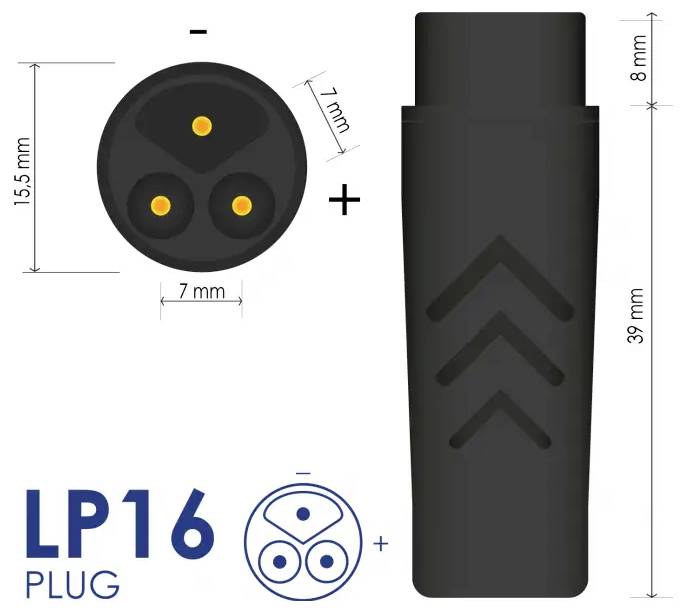 'LP16 Plug' shown with size dimensions: diameter 15.5 mm for the circular section, 39 mm length for main body, 7 mm between contacts.