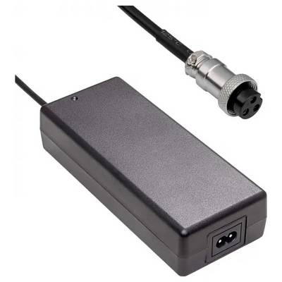 A rectangular black power adapter with an attached round connector cable.