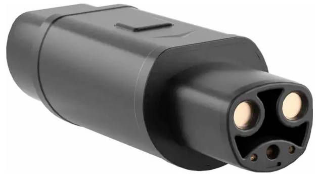 'Black electric vehicle charger plug with dual connectors, used for charging electric cars. Designed for efficient power transfer.'