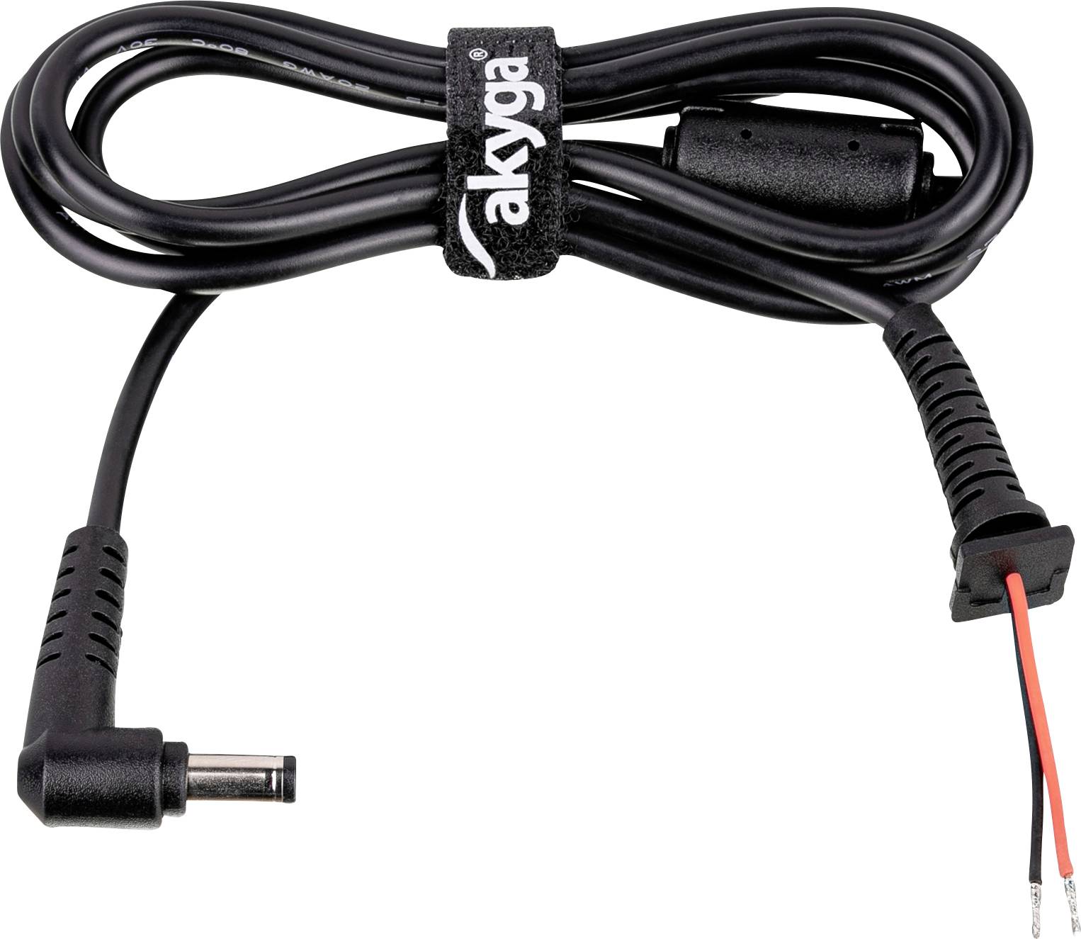 A coiled black power cable with a right-angle DC connector on one end and exposed red and black wires on the other, secured by a velcro strap.