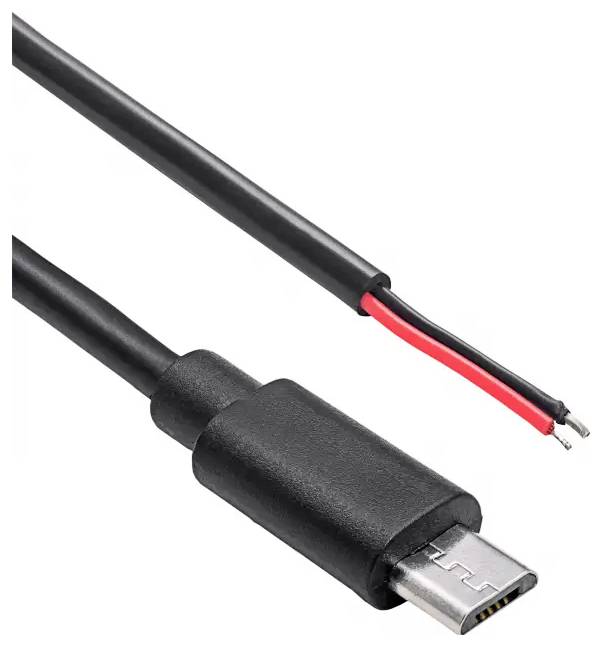 Micro-USB cable with exposed red and black wires, showing a connector and cut end.