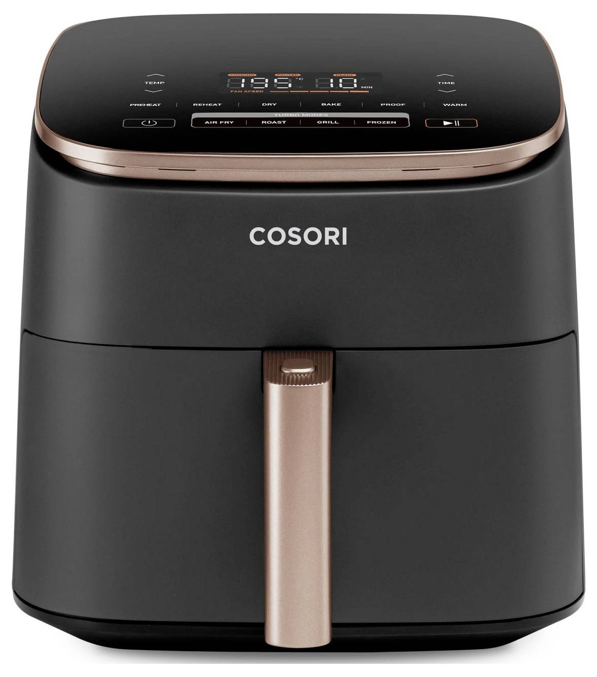 A black and copper air fryer with digital controls on top and a drawer-style basket, branded with 'COSORI'.