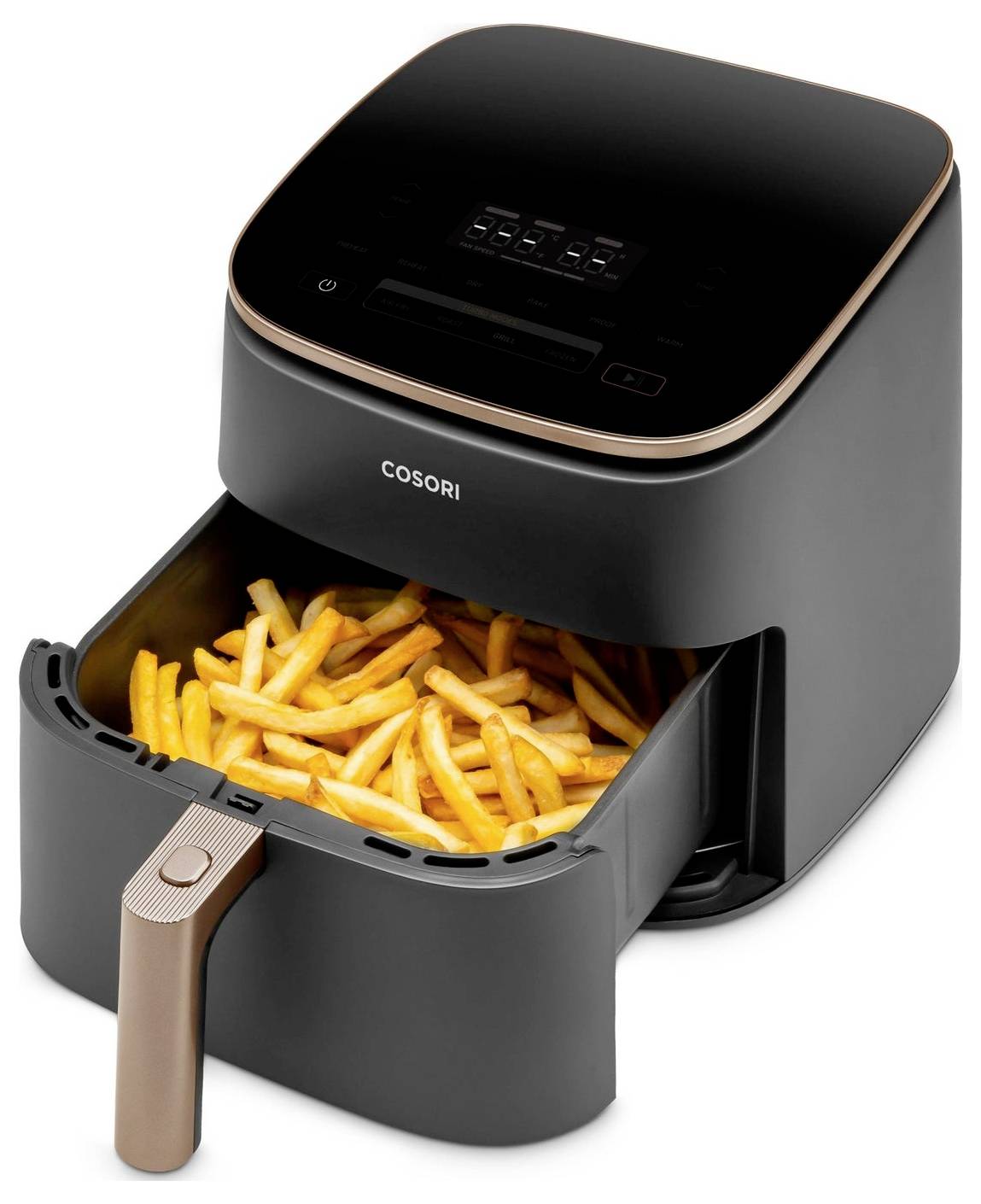 A black air fryer with 'COSORI' on the front and a drawer open, filled with cooked French fries. The digital display is on top.