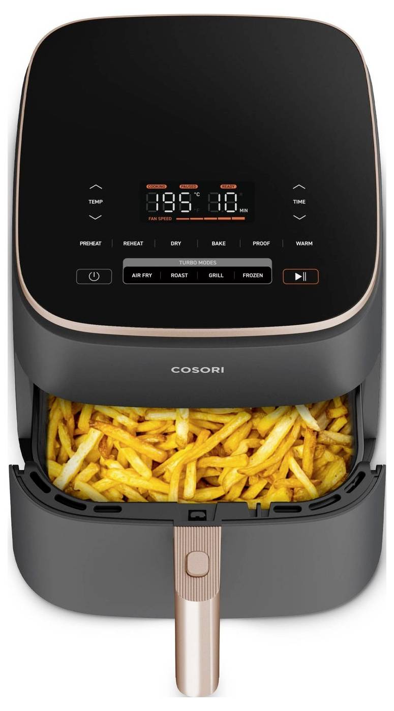 An air fryer displaying '195°' with fries in the basket, showing options like air fry, roast, bake, and grill on the control panel.