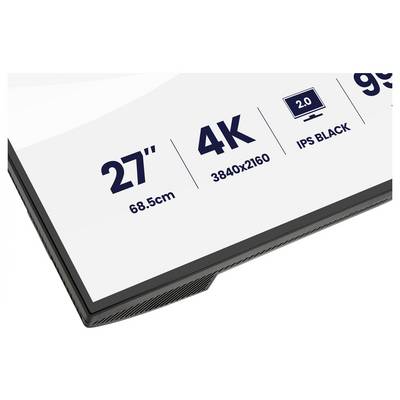'27" (68.5cm) 4K 3840x2160 IPS Black monitor.' Display edge with size and resolution specifications visible.