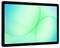 A black tablet with a glowing turquoise abstract wallpaper on the screen.