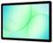 'A tablet with a turquoise abstract design displayed on its screen against a white background.'