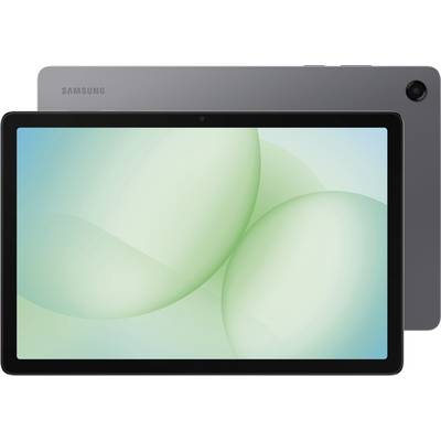 A sleek tablet with a black front and gray back, featuring a Samsung logo. The screen displays a soft, abstract green design.