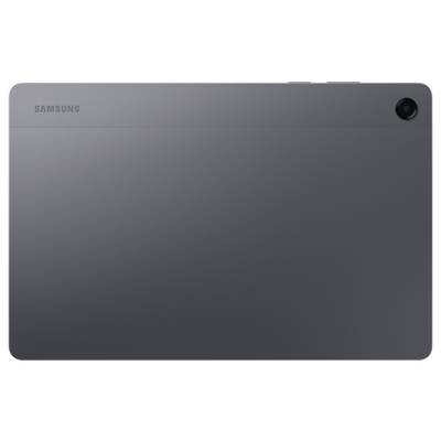 A sleek, gray Samsung tablet is shown from the back, featuring a minimalist design with a single camera at the top-right corner.