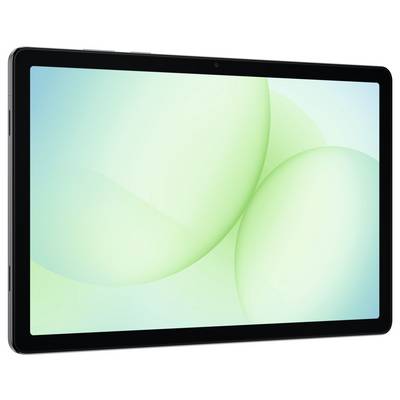 A tablet displaying a green abstract pattern on the screen, featuring overlapping circles with a gradient effect.