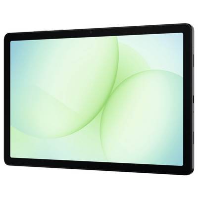 A tablet with a sleek black design is displayed against a bright gradient background, showcasing its thin profile and modern aesthetic.