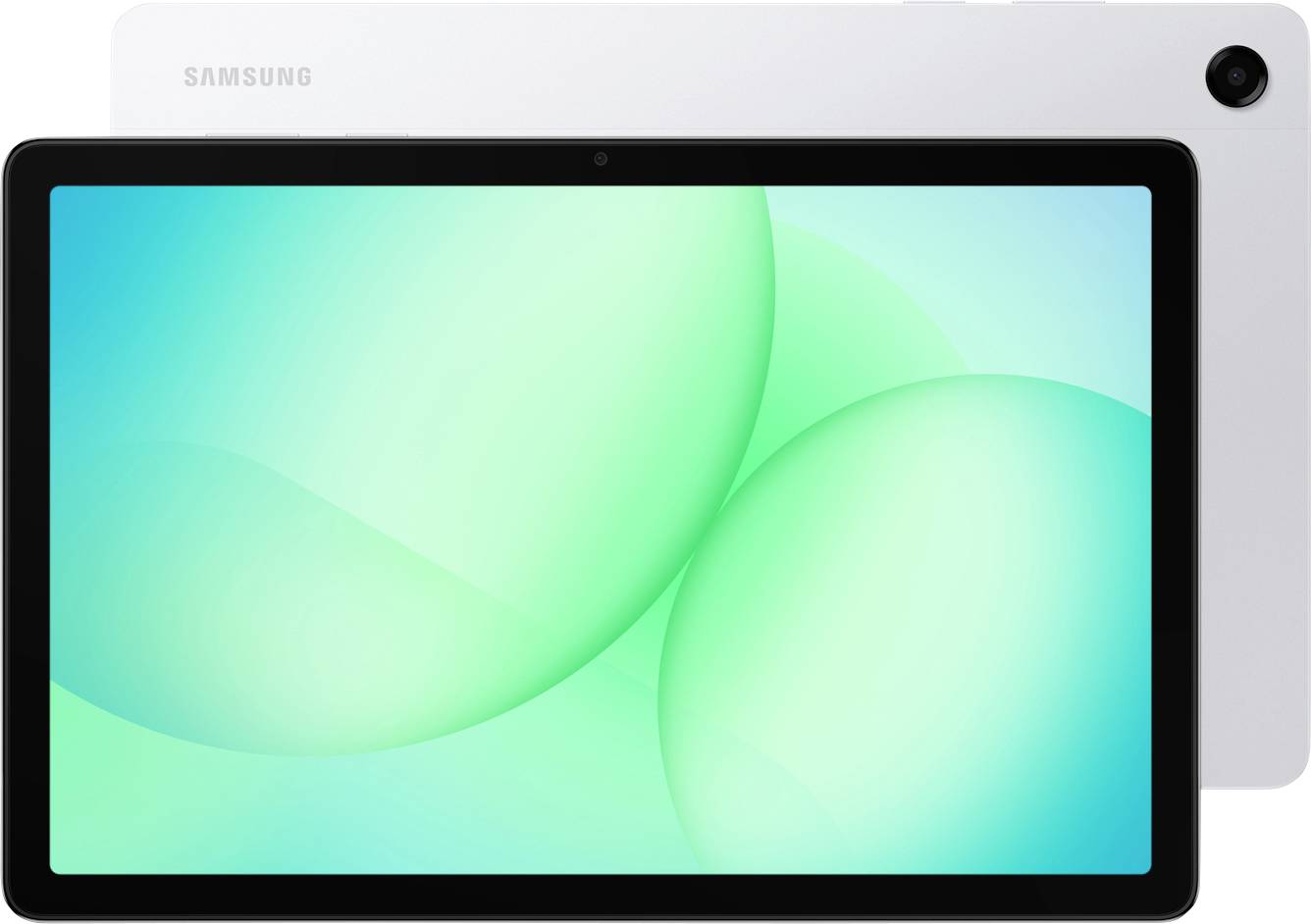 A tablet with a black screen and white back, featuring a rear camera. The screen displays a green abstract design. Brand logo visible.