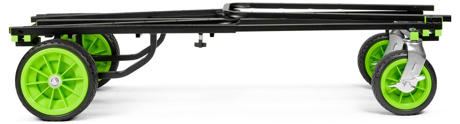 A flat black cart frame with bright green wheels, including two large ones and a smaller steering wheel on the right side.