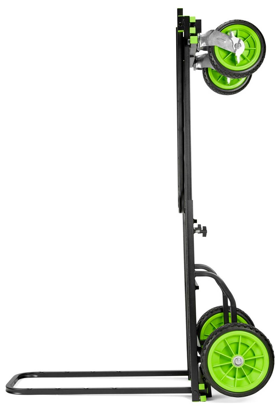 'A folding hand truck with bright green wheels is shown in a collapsed, upright position.'